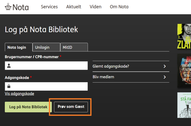 Screenshot fra Nota.dk hvor knappen 'Prøv som gæst' er fremhævet