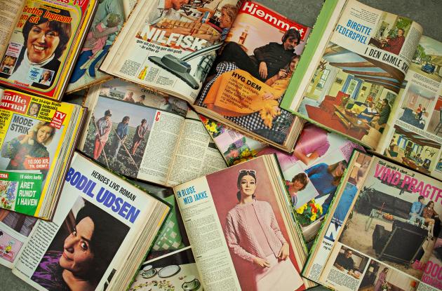Collage af opslag fra ugebladene Hjemmet og Familiejournalen