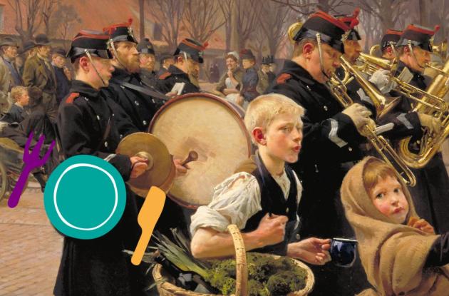 Orkester går i parade. I forgrunden går en dreng og fløjter med en madkurv over armen.