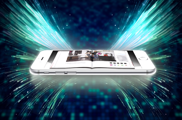 Telefon med opslået magasin på skærmen