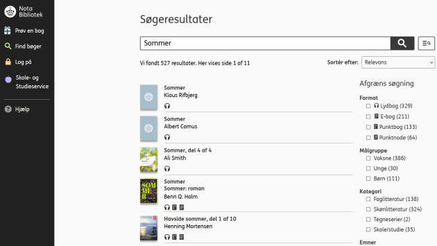 Screenshot fra søgeresultat på Nota Bibliotek